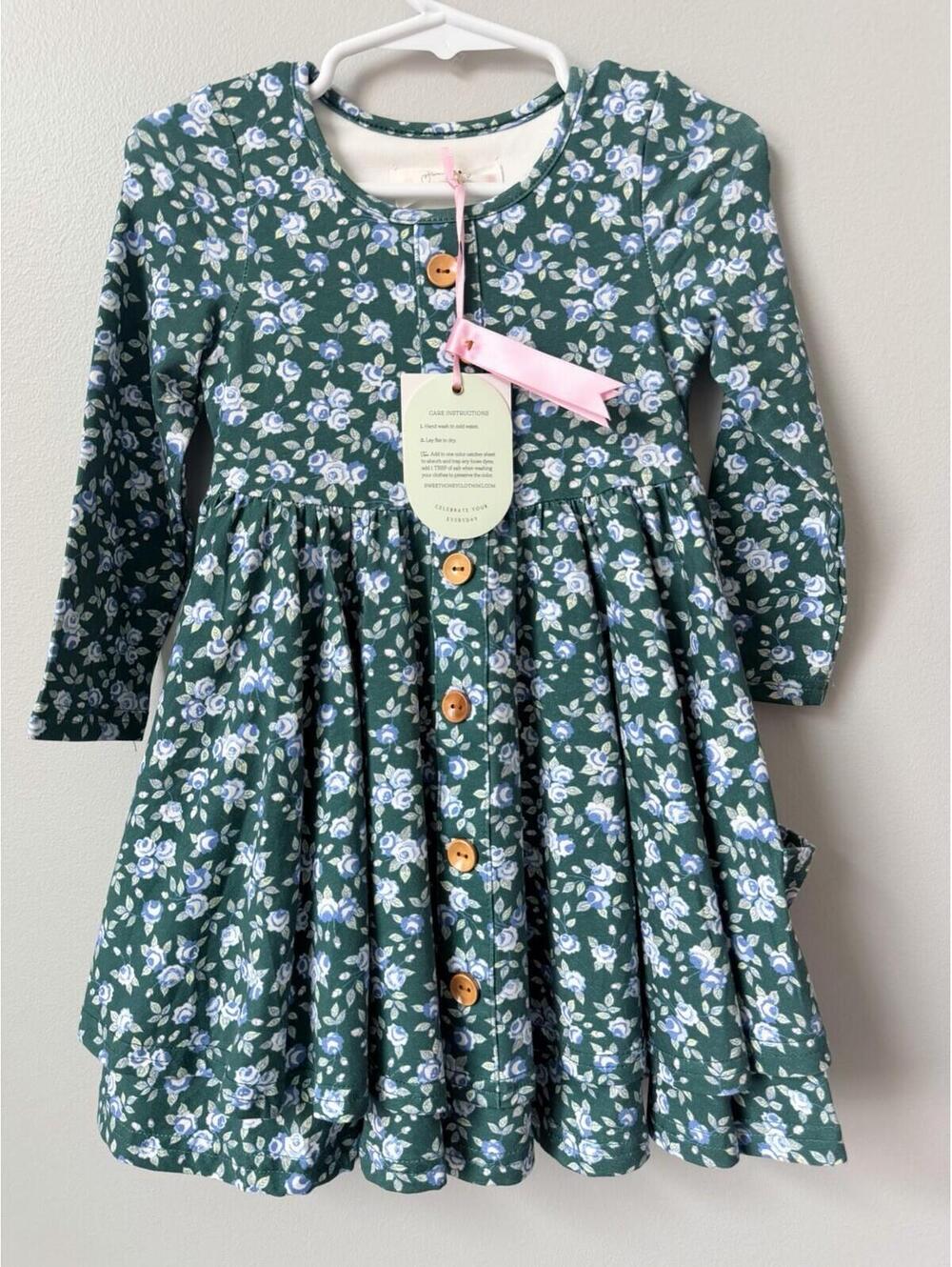SweetHoney Girls Cotton Floral Twirl Dress packets, long sleeve with buttons 3T
